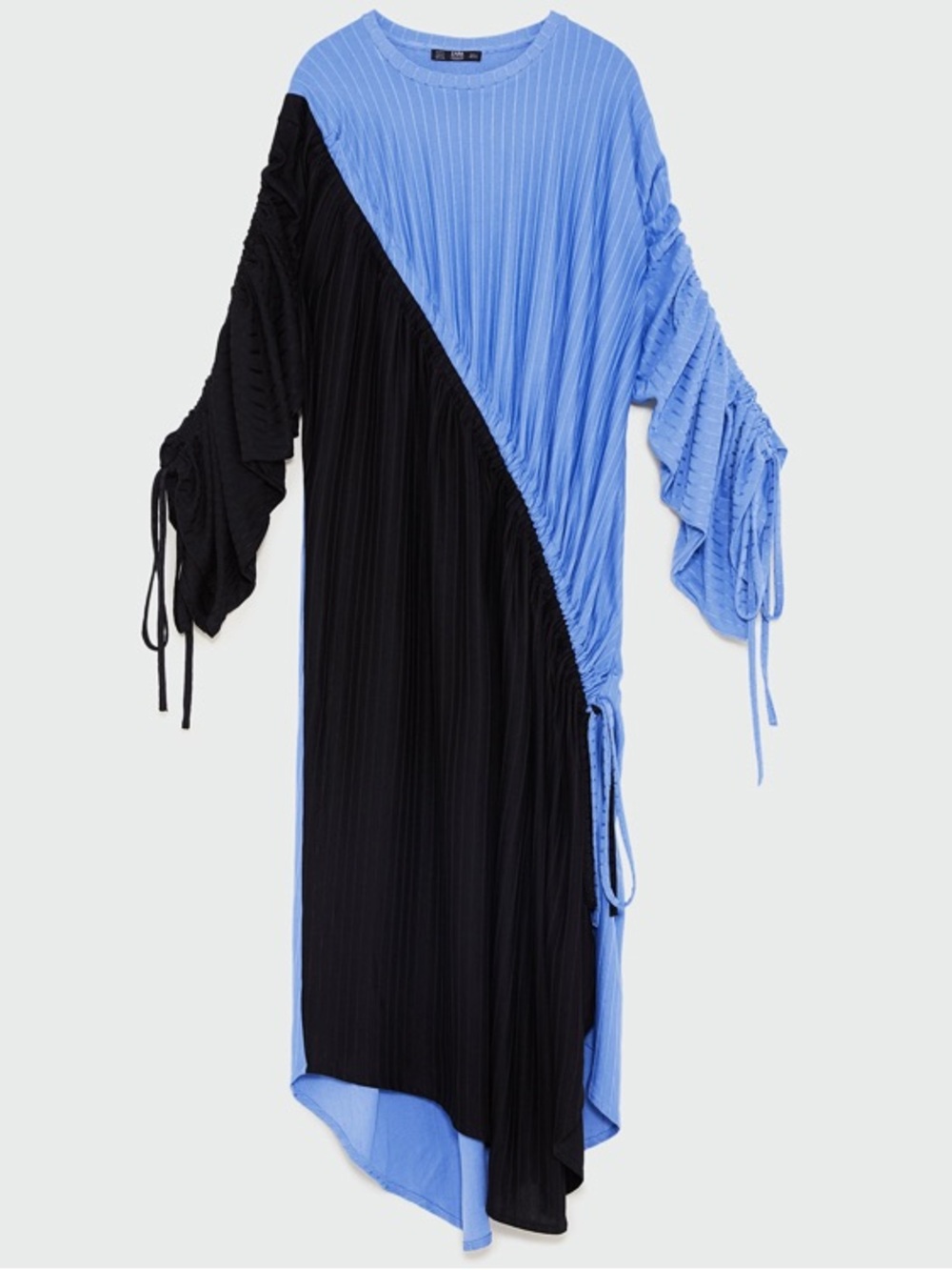 Zara Pleated Colorblock Blue & Black Midi Ruched Sleeve Statement Dress. Size M